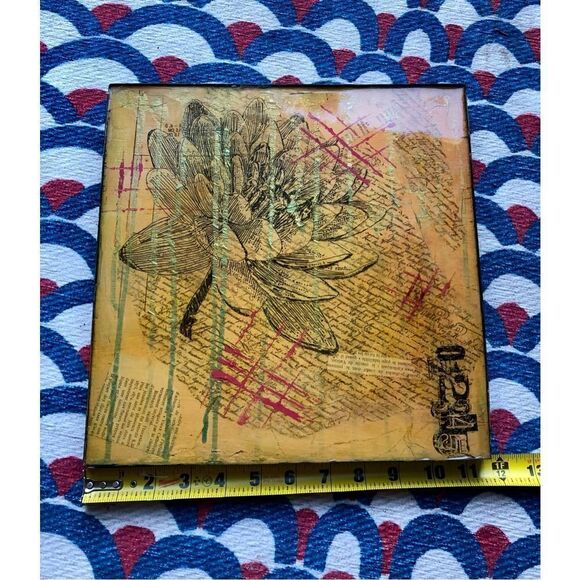 Original Mixed Media Art Flower French Quotes enameled Collage, Signed - Picture 10 of 11